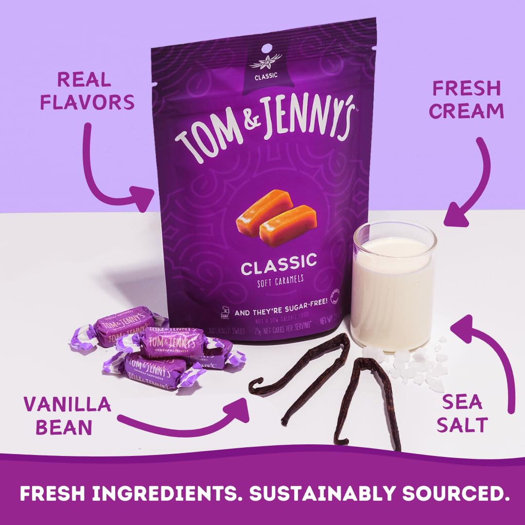 Tom & Jenny's keto-friendly caramel snack, fits low-carb routines.