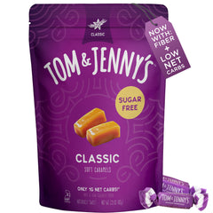 Tom & Jenny's sugar-free caramel packaging, gift-ready for sugar-conscious shoppers.