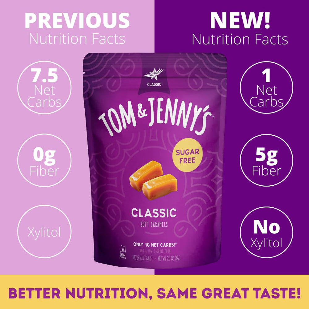 Tom & Jenny's vanilla classic caramel, chewy texture ideal for on-the-go snacking.