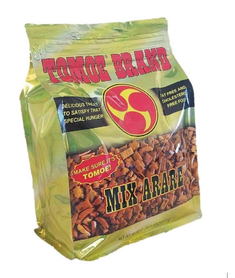 Tomoe Brand Hawaiian Mix Arare crackers in a large 38-ounce bag, ideal for family snacking.