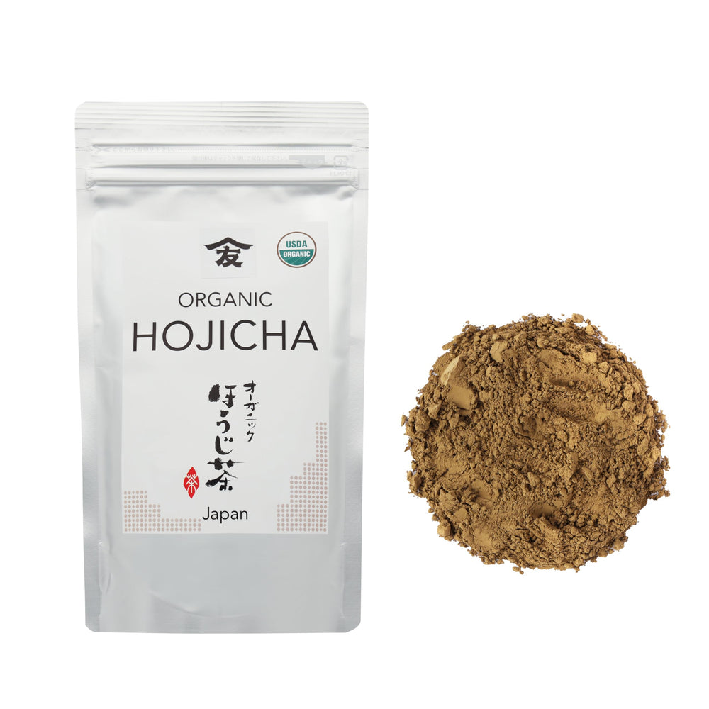 Tomosan Hojicha tea packaging highlights premium organic quality