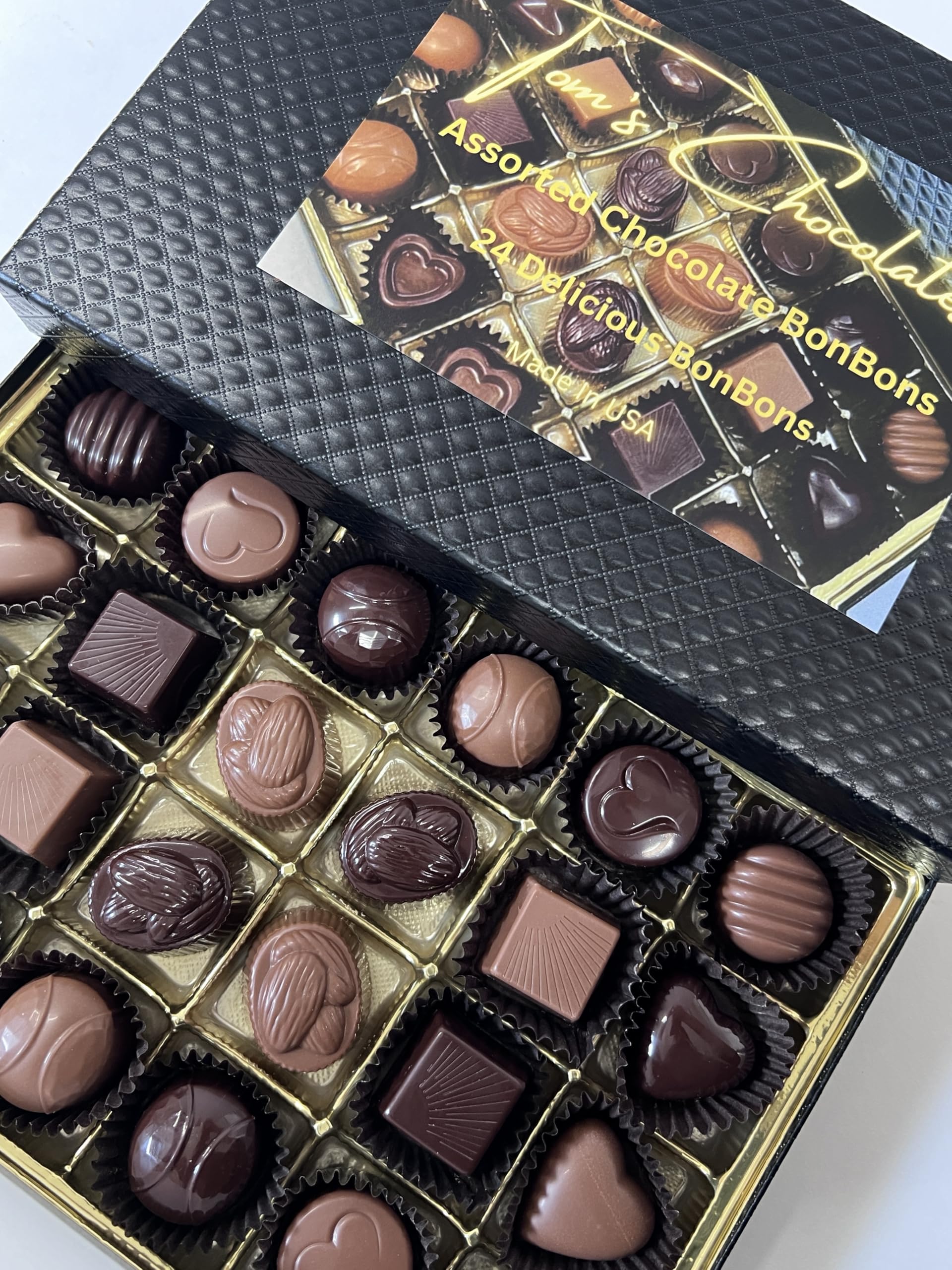 Tom's Chocolates Belgian gift box bonbons displayed for gifting and sharing
