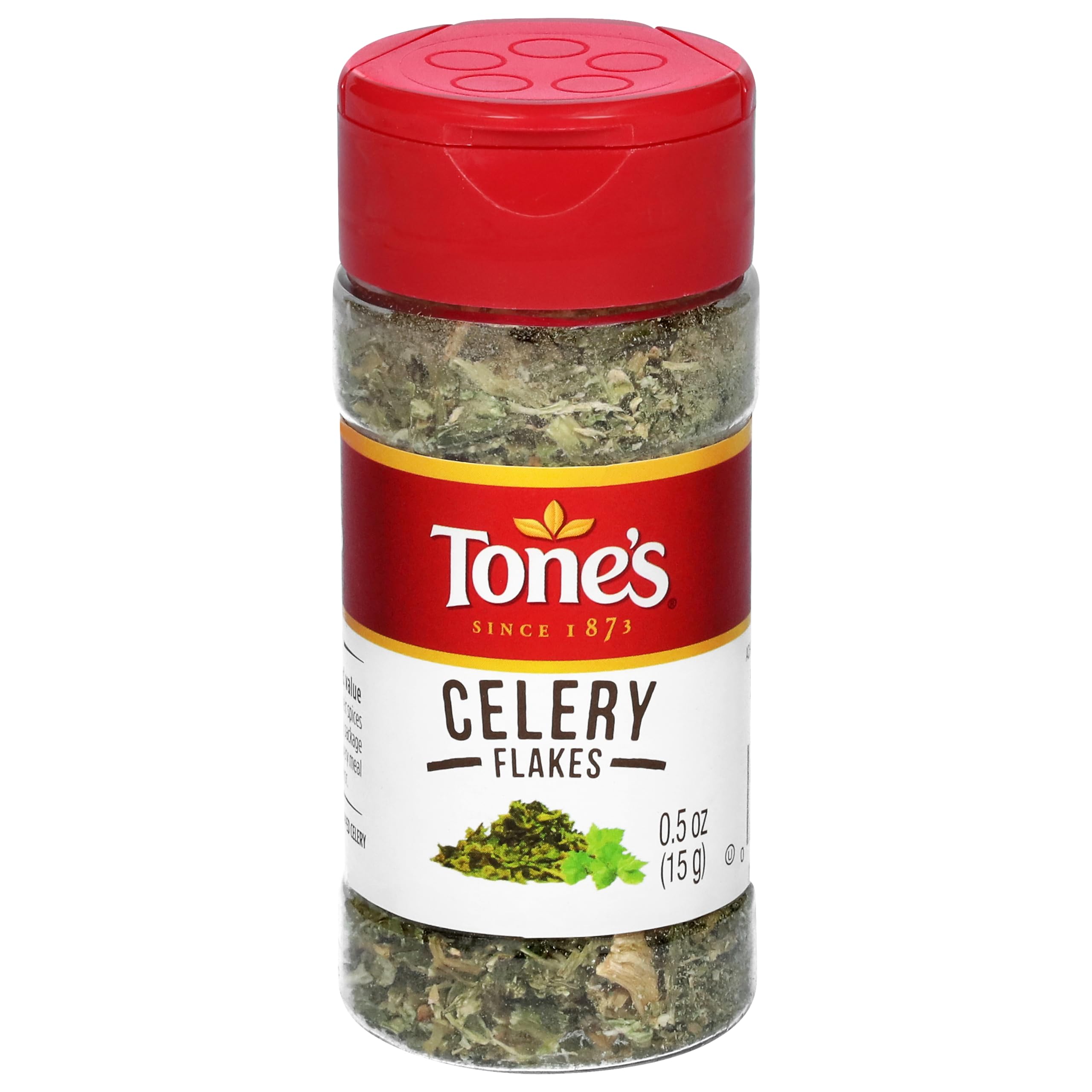 Tone's Celery Flakes bottle front, vibrant flakes for easy seasoning.