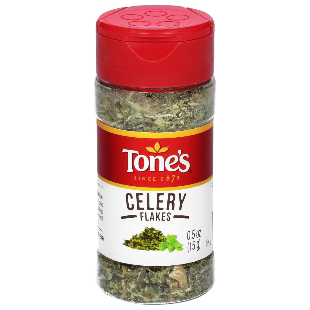 Tone's Celery Flakes bottle front, vibrant flakes for easy seasoning.