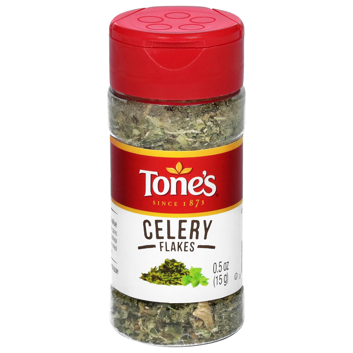 Tone's Celery Flakes bottle front, vibrant flakes for easy seasoning.