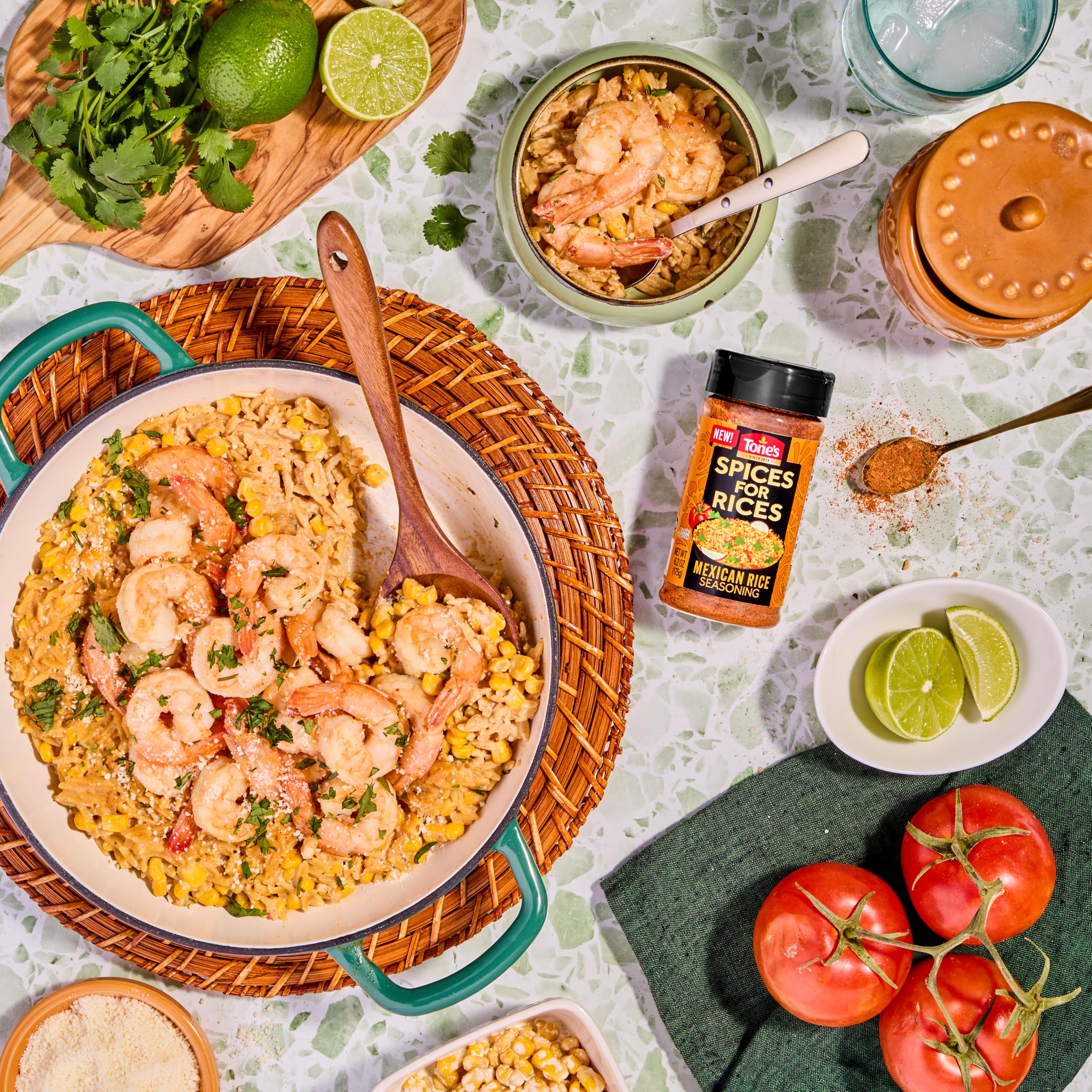 Tone's Spices for Rices served beside colorful Mexican-inspired meals.