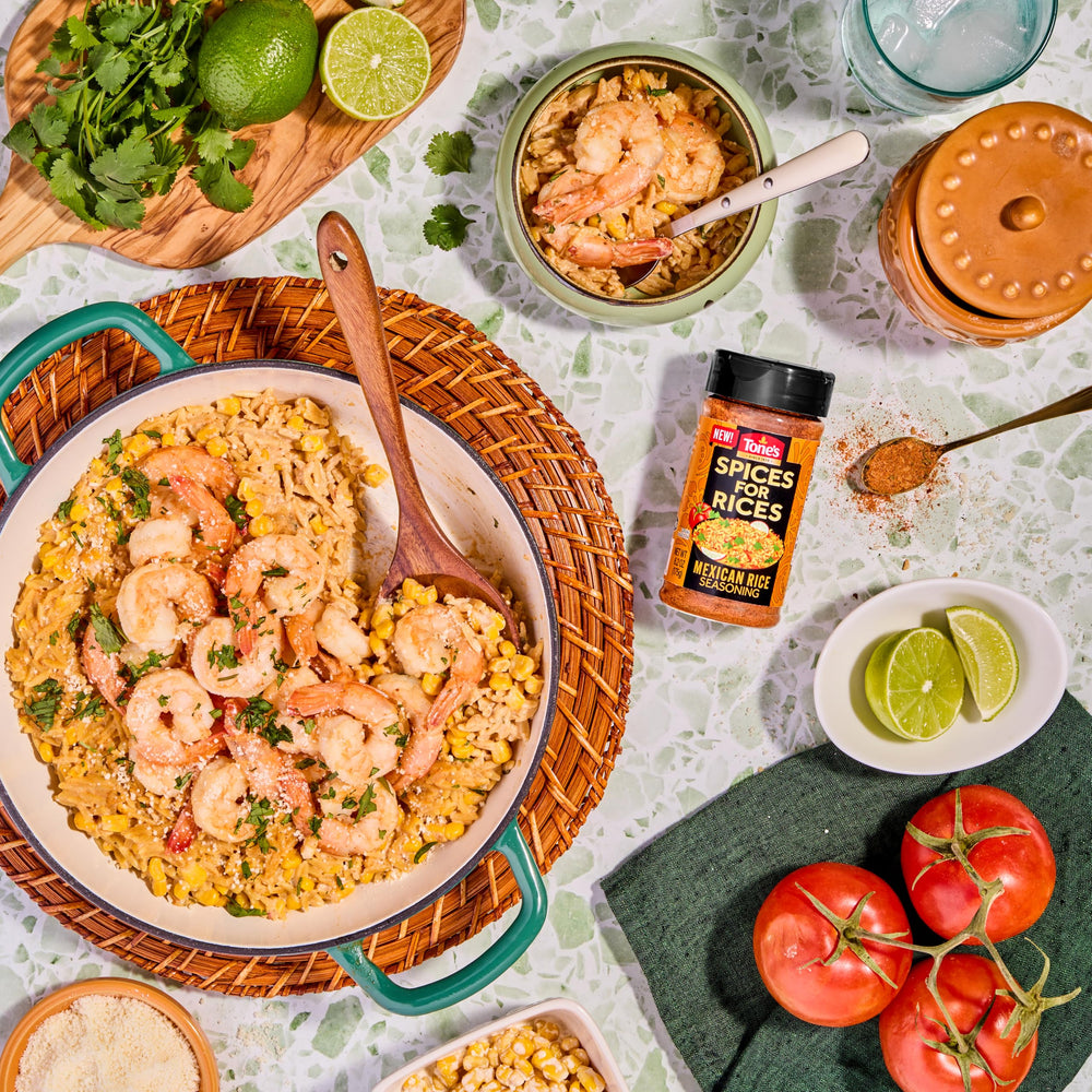 Tone's Spices for Rices served beside colorful Mexican-inspired meals.