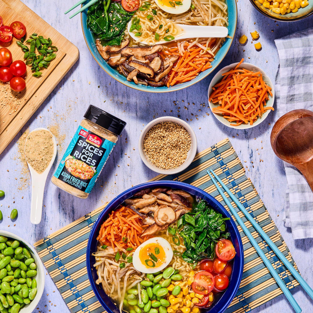 Tone's Spices for Rices fresh ingredients on counter hint pantry staple