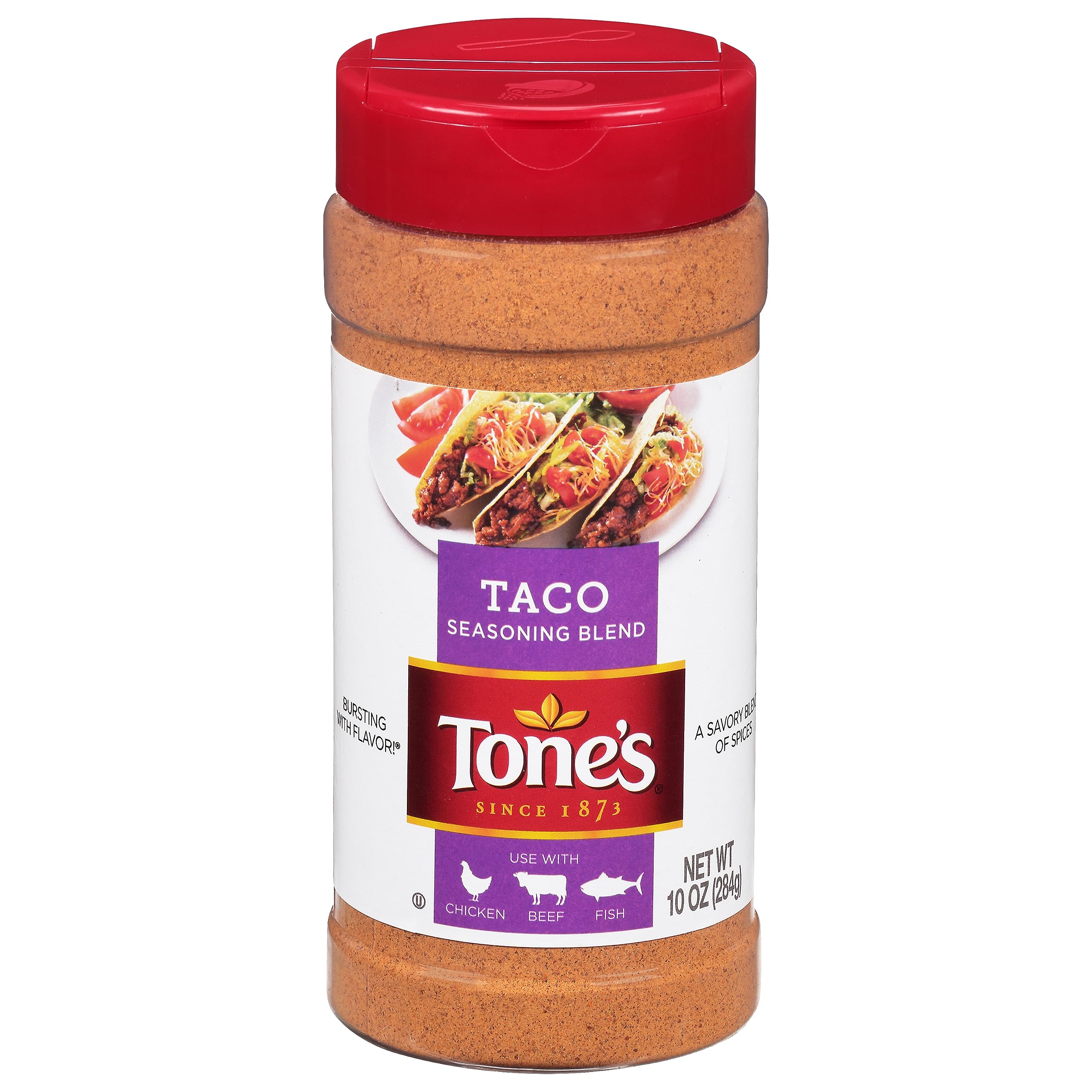 Tone's Taco Seasoning Blend bottle front label, mild heat for weeknight tacos.