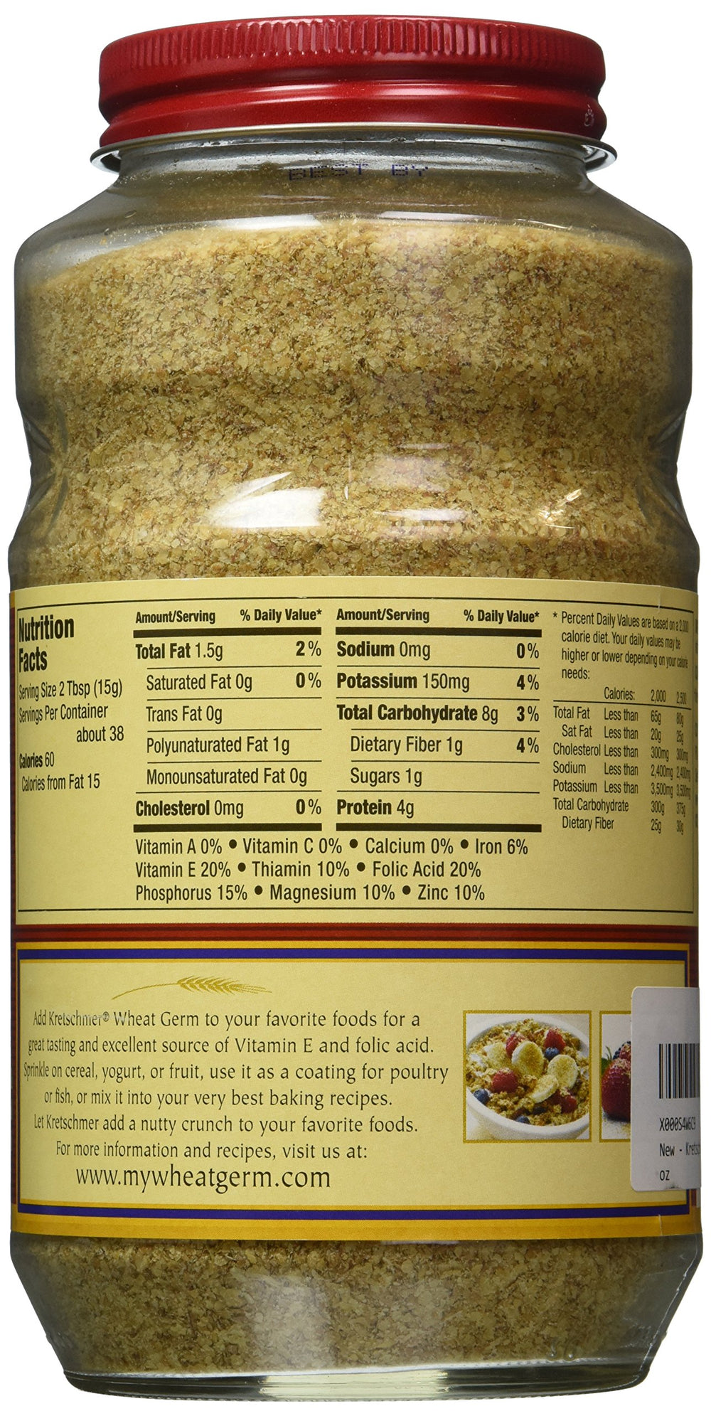 Tongtai Kretschmer Wheat Germ Original Toasted 20 oz bag closeup showing nutty aroma.