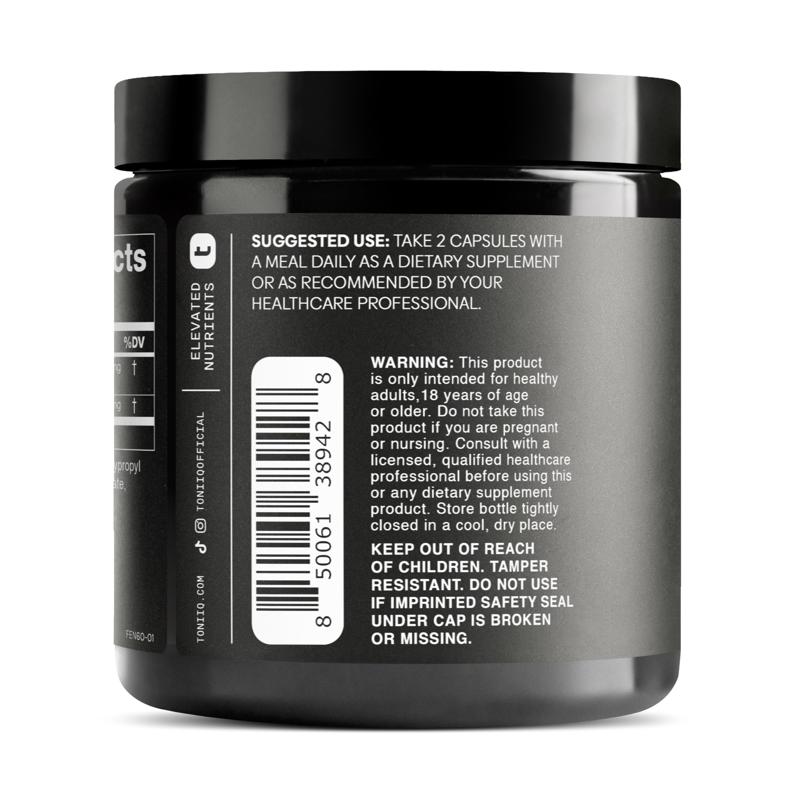 Toniiq Fenugreek Capsules third-party testing seal on container.