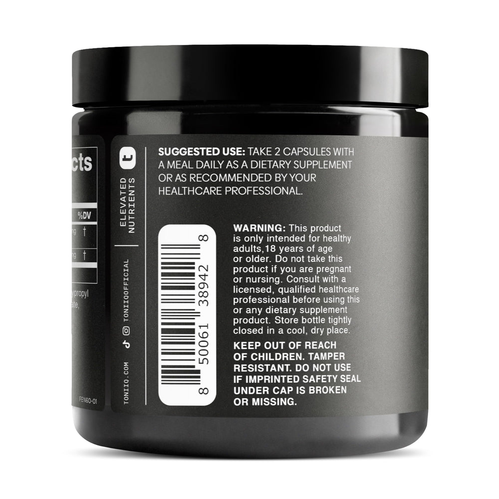 Toniiq Fenugreek Capsules third-party testing seal on container.
