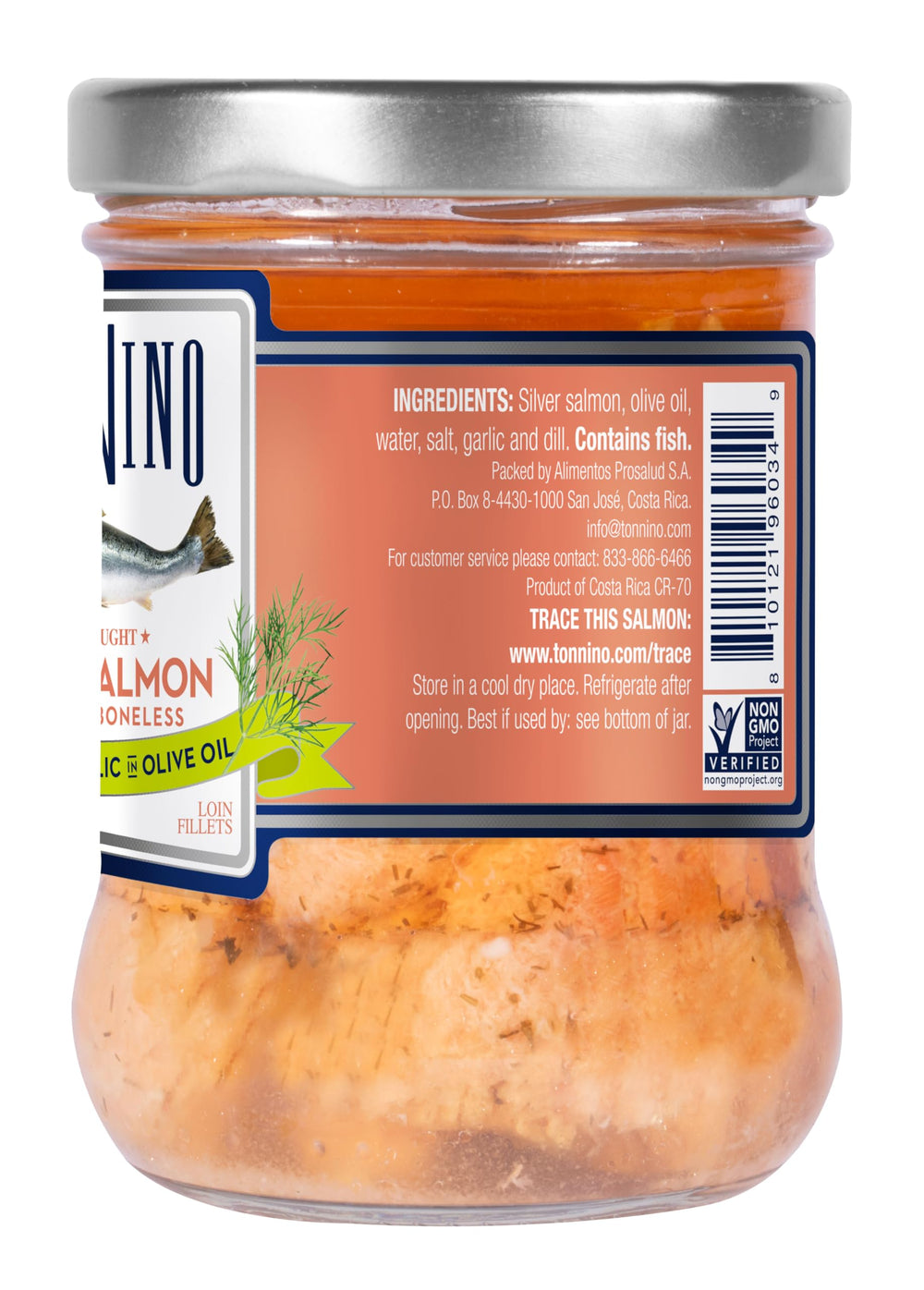Tonnino SIlver Salmon Dill and Garlic in EVOO bottle for moist, flavorful servings.