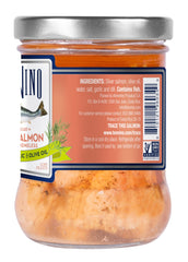 Tonnino SIlver Salmon Dill and Garlic in EVOO bottle for moist, flavorful servings.