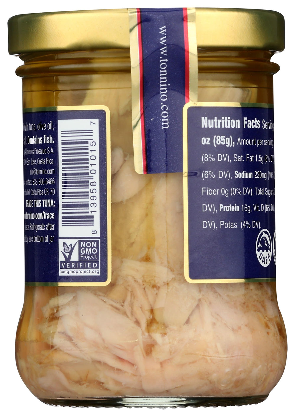 Tonnino tuna can close-up showing oil-rich texture and ready-to-use protein option.