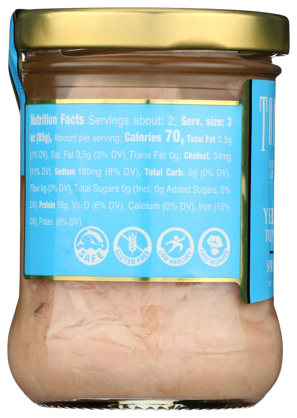Tonnino tuna in spring water sustainability icon, eco-friendly choice.