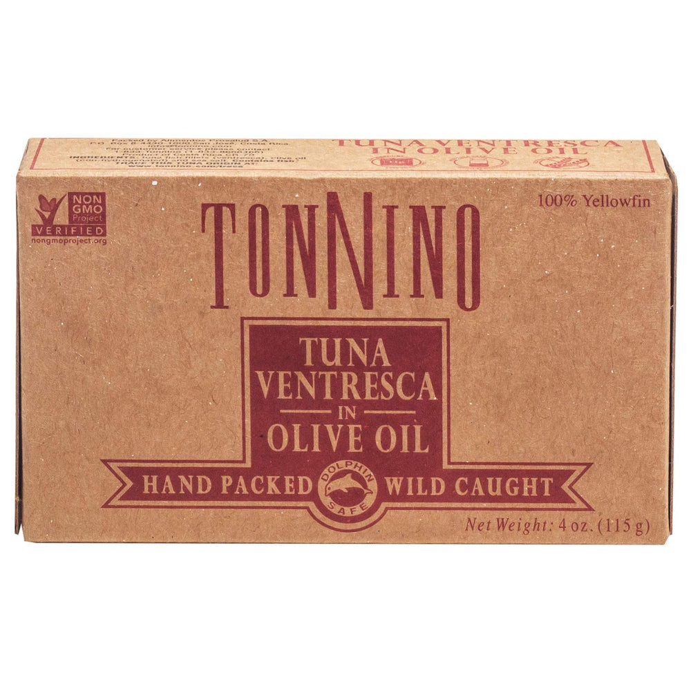 Tonnino Tuna Ventresca in Oil 4oz can front view for quick antipasto prep