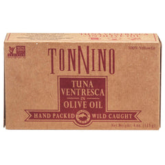 Tonnino Tuna Ventresca in Oil 4oz can front view for quick antipasto prep