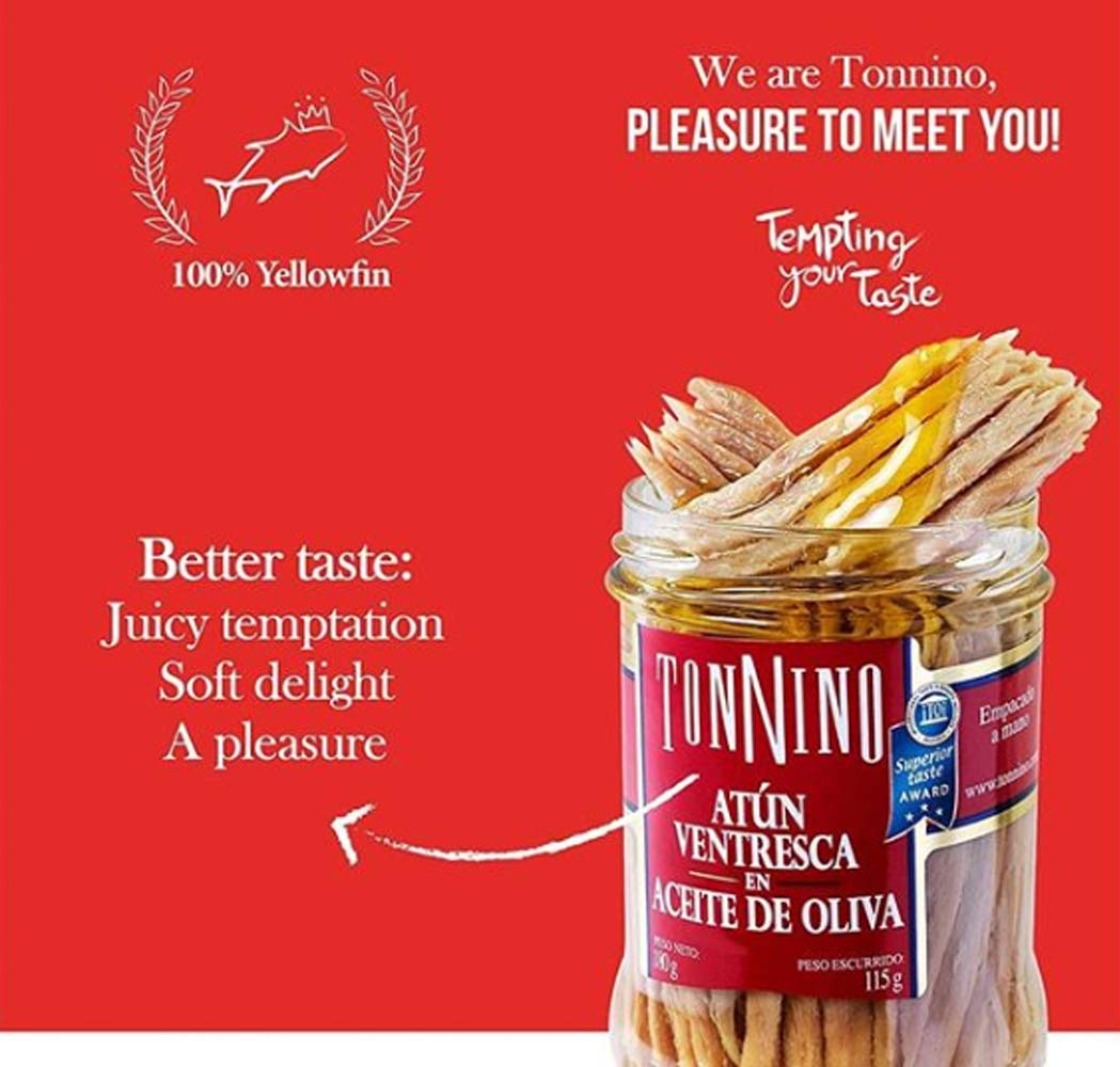 Tonnino Tuna Ventresca in Oil can side view with label for easy pantry shopping