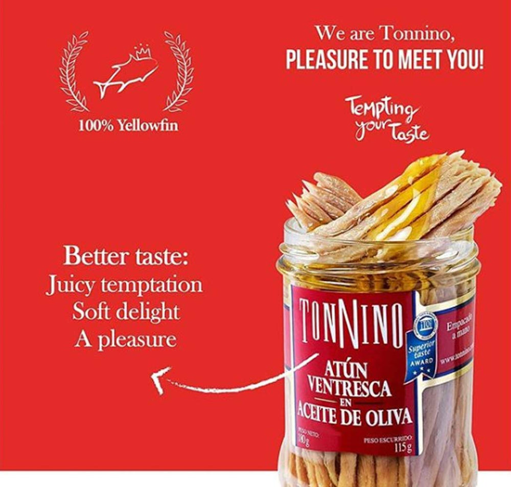 Tonnino Tuna Ventresca in Oil can side view with label for easy pantry shopping