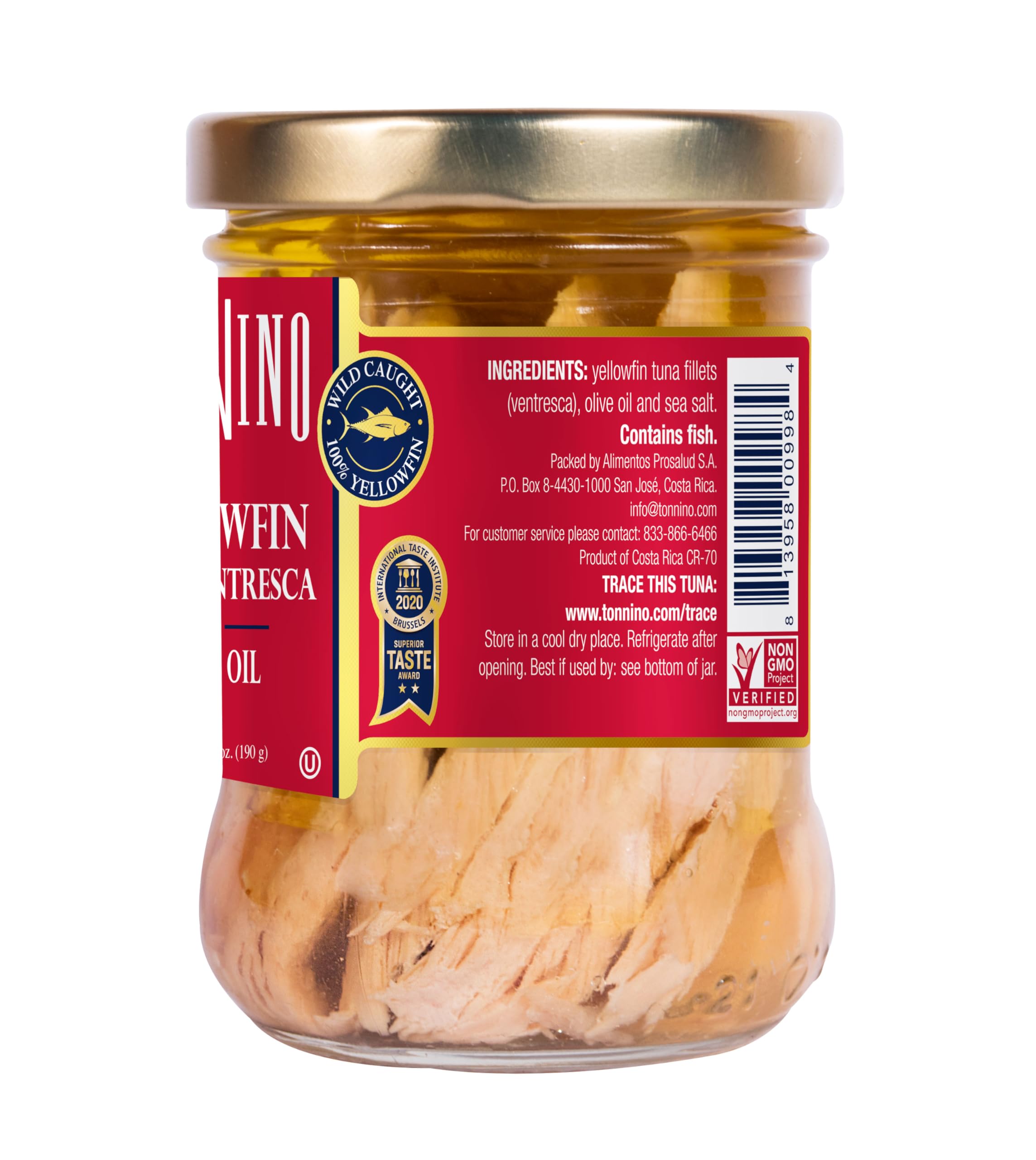 Tonnino Ventresca tuna in olive oil jar glass container detail.
