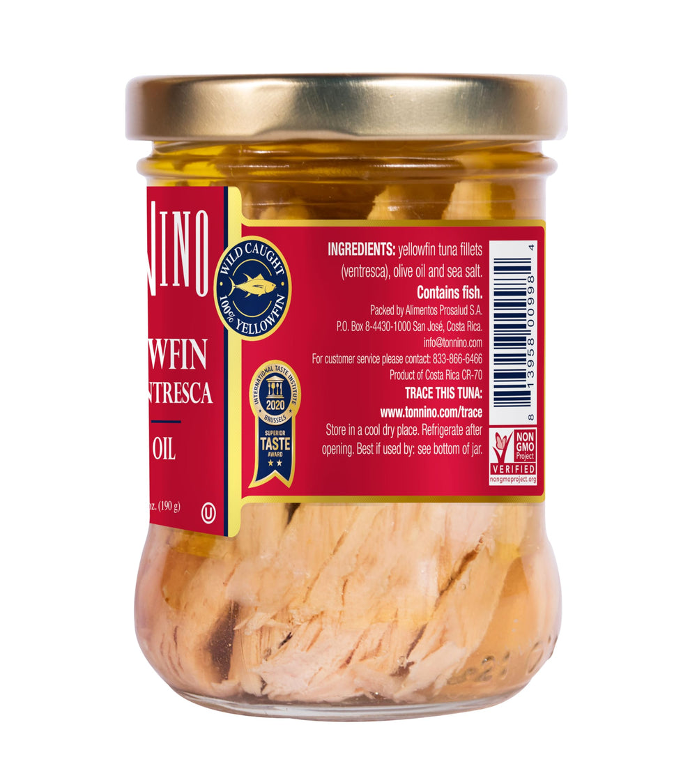 Tonnino Ventresca tuna in olive oil jar glass container detail.