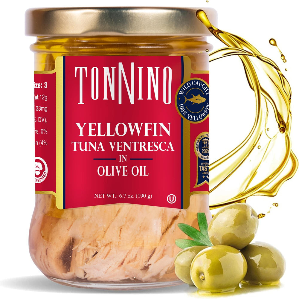 Tonnino Ventresca tuna in olive oil jar pack six for pantry meals.