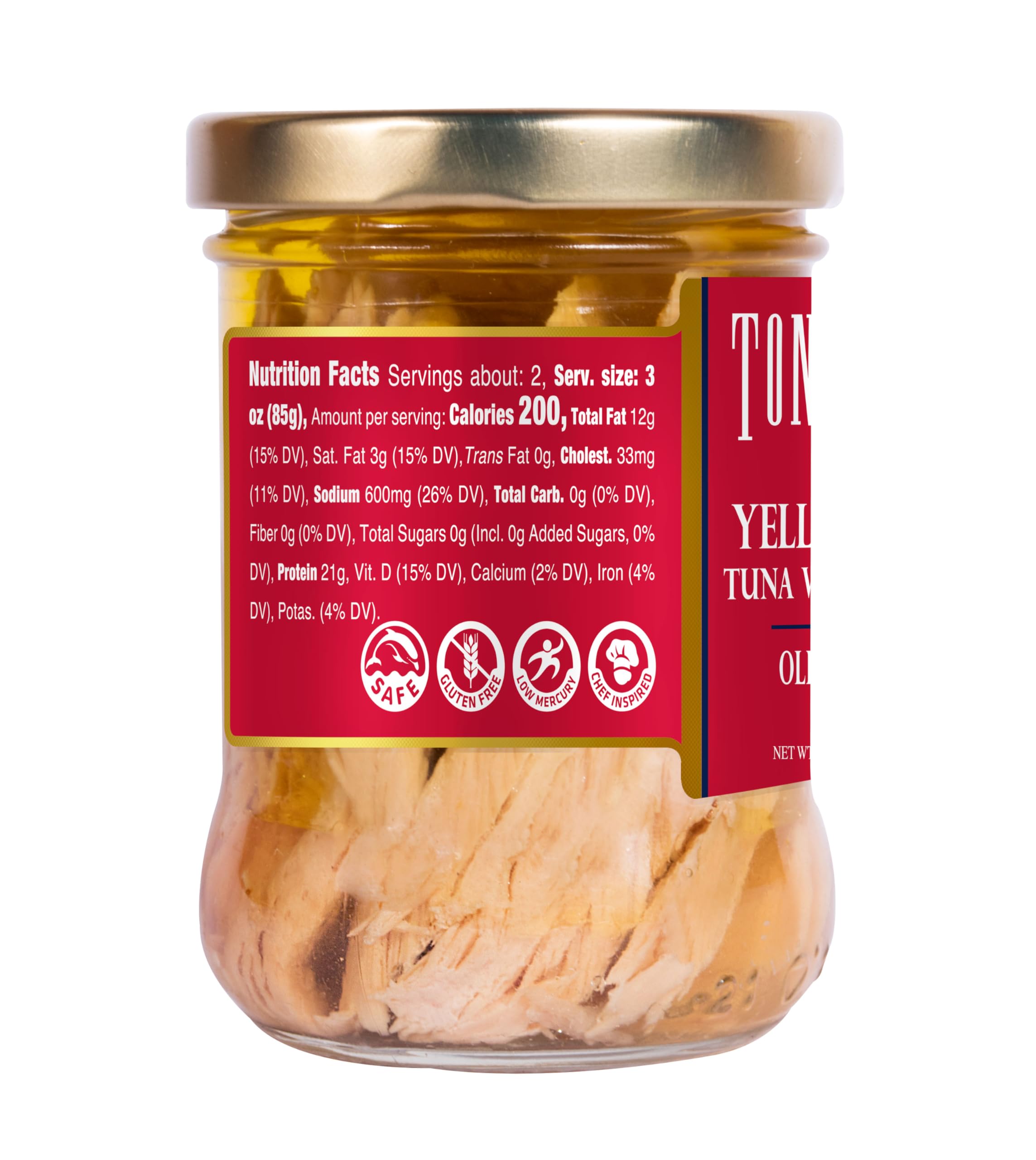 Tonnino Ventresca tuna in olive oil jar packaging highlights sustainability.
