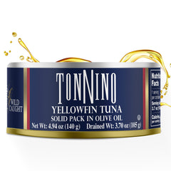 Tonnino can closeup shows premium olive oil and tuna quality.