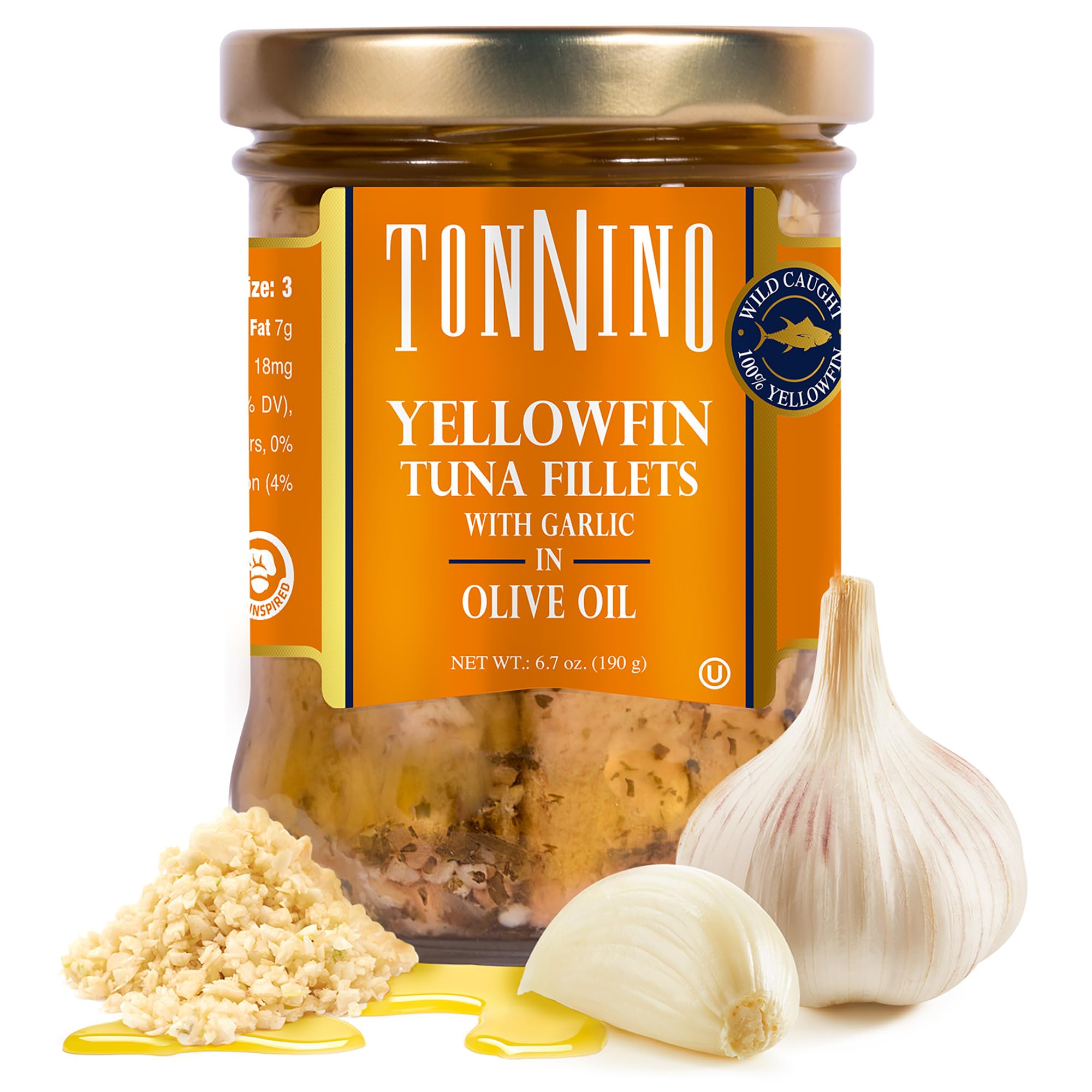 Tonnino Yellowfin Tuna in olive oil and garlic jar highlights premium taste for quick salads.