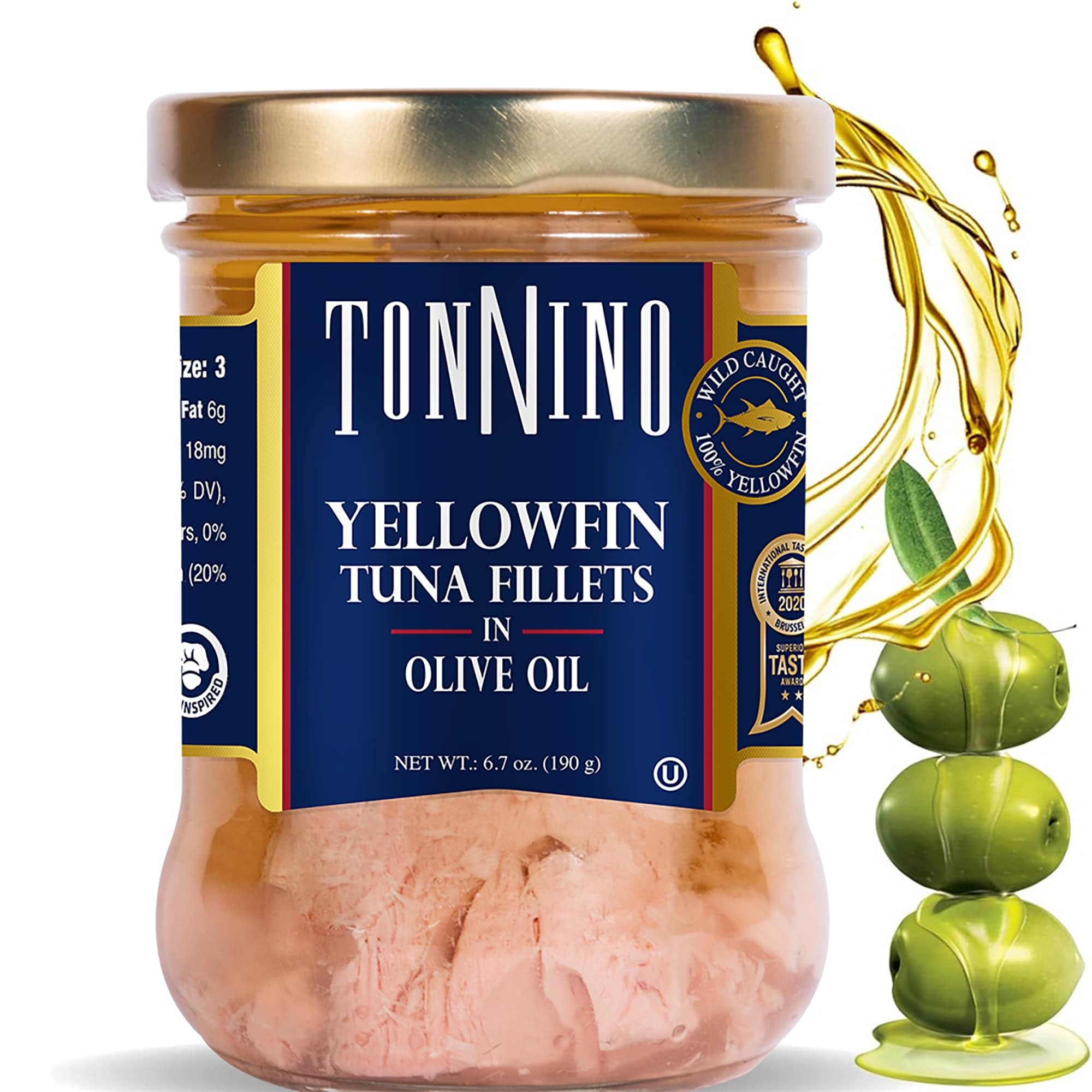 Tonnino Yellowfin Tuna in olive oil jar pack of six, ready-to-eat protein.