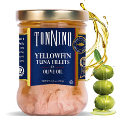 Tonnino Yellowfin Tuna in olive oil jar pack of six, ready-to-eat protein.
