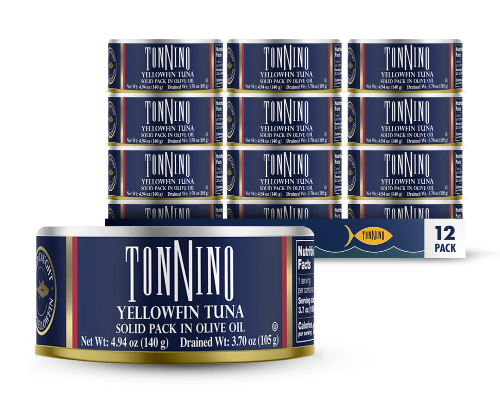 Tonnino Yellowfin Tuna in Olive Oil pack-12 cans for pantry staple.