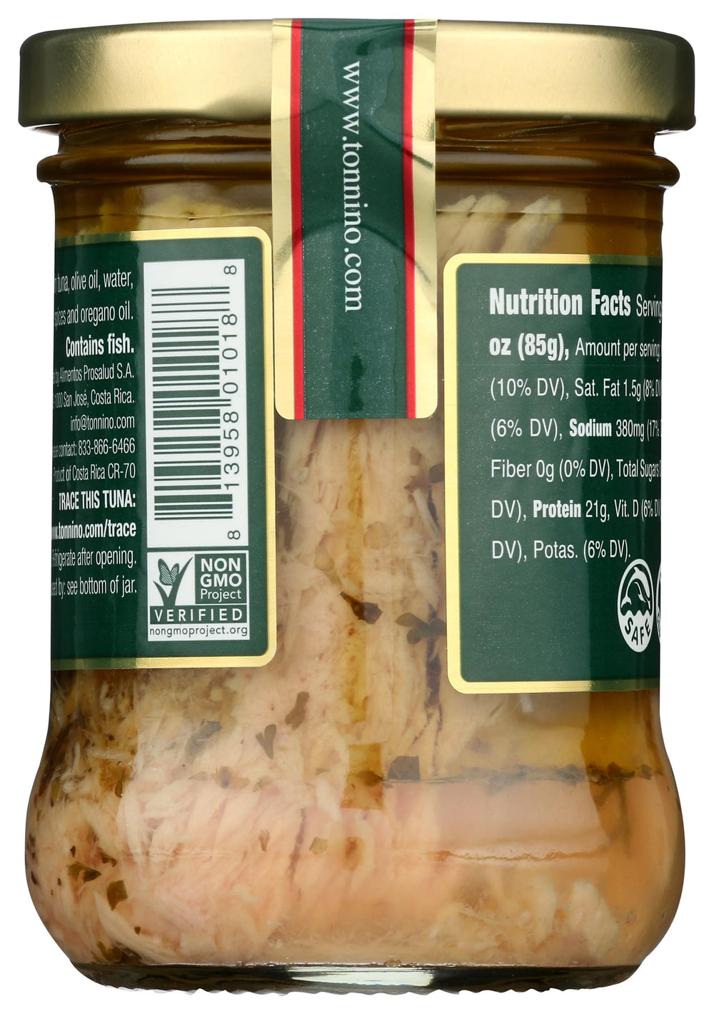 Tonnino Yellowfin tuna with oregano close-up of the can reveals simple, wholesome packaging.