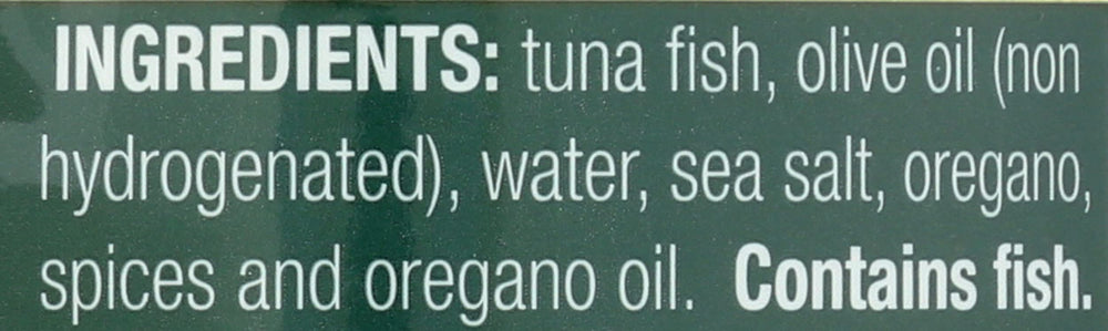 Tonnino Yellowfin tuna with oregano can label emphasizes natural ingredients.