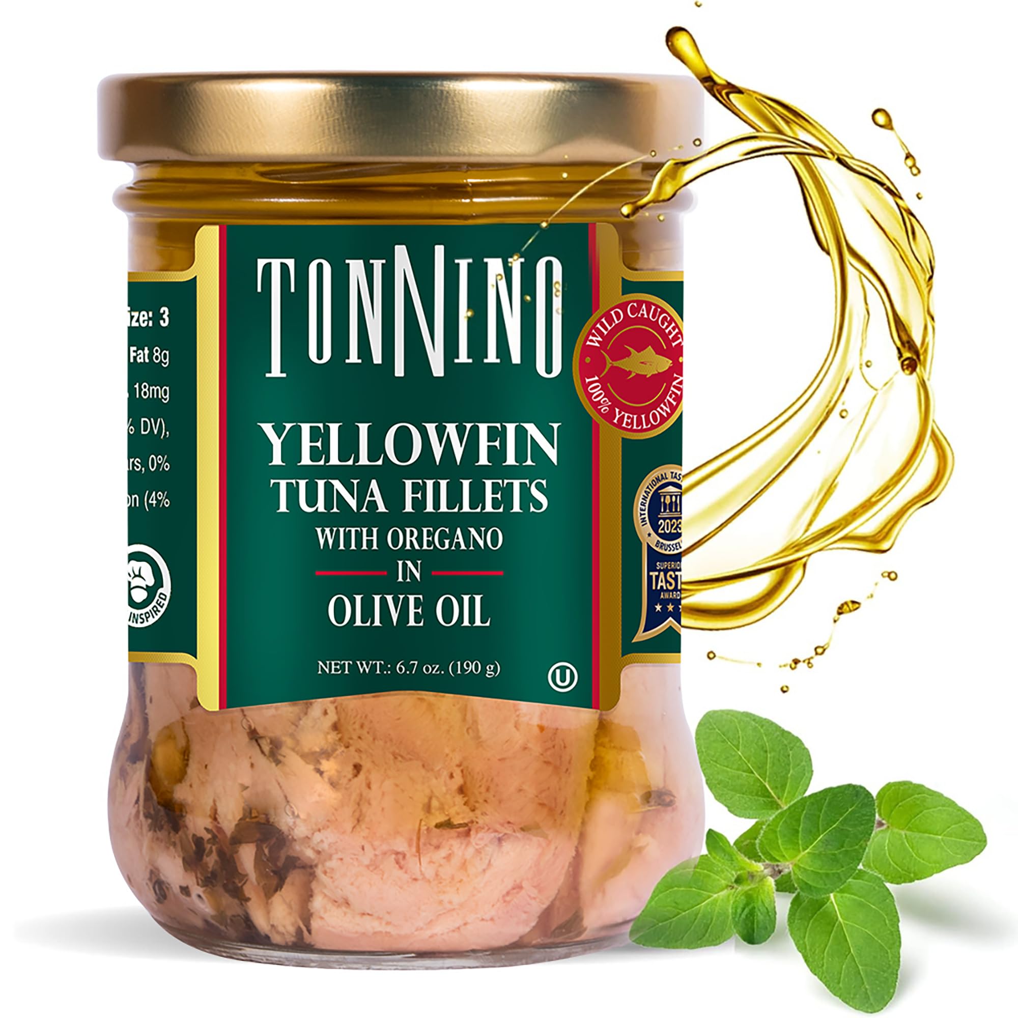 Tonnino Yellowfin Tuna oregano in olive oil jar, convenient ready-to-eat protein snack