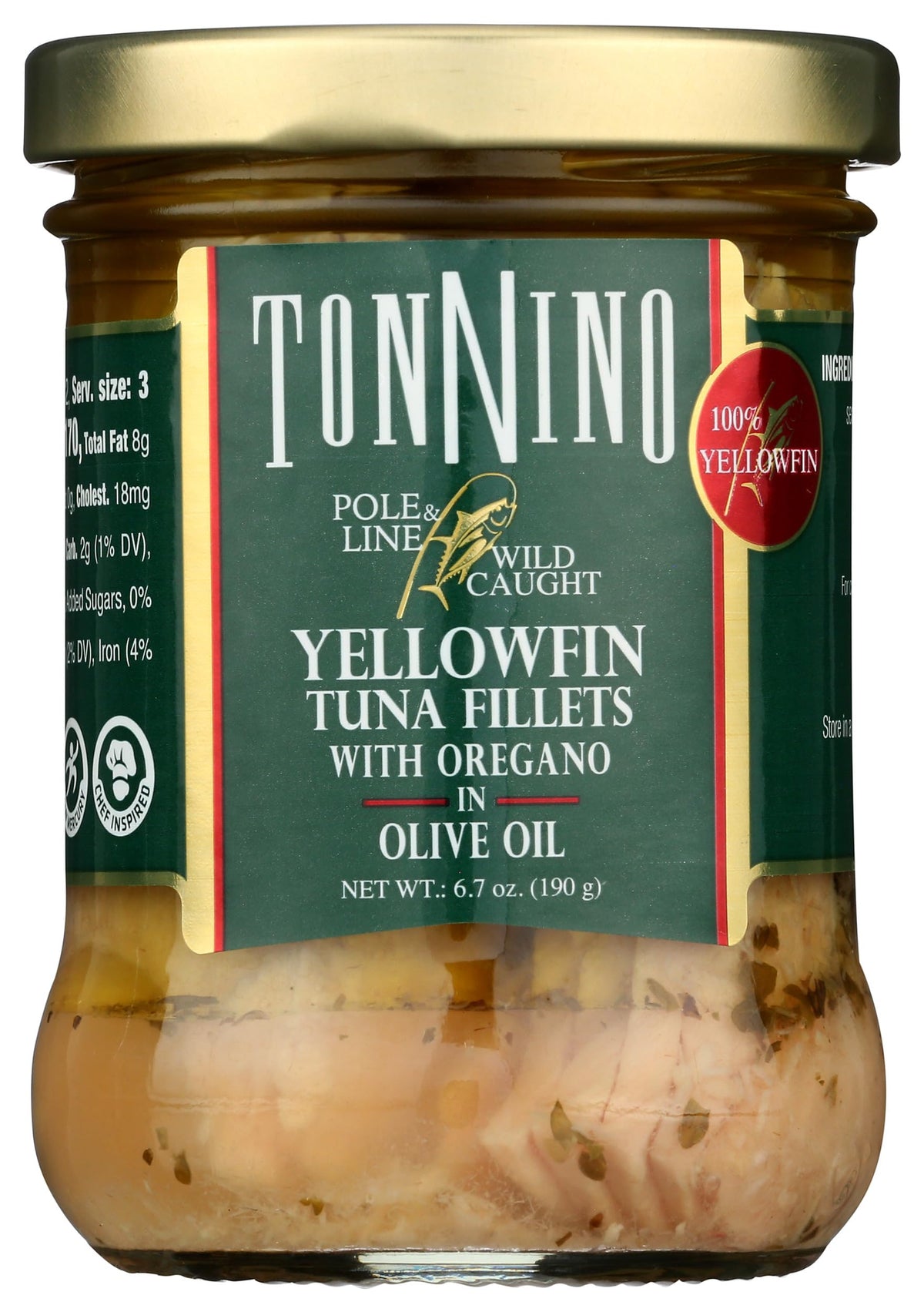 Tonnino Yellowfin tuna with oregano in olive oil pack view highlighting premium, ready-to-use tuna.