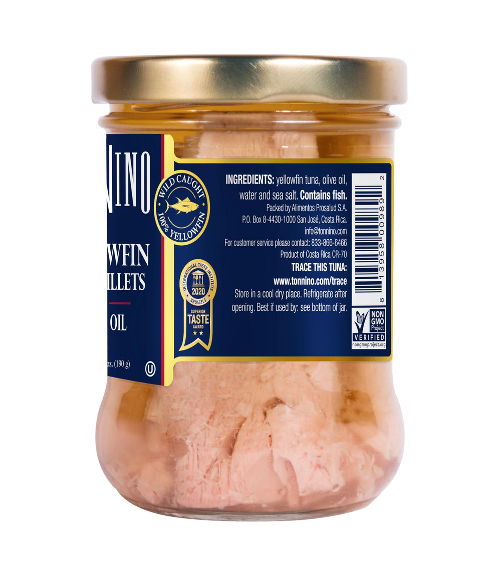 Tonnino Yellowfin Tuna jar poured over grain bowl for quick meals.