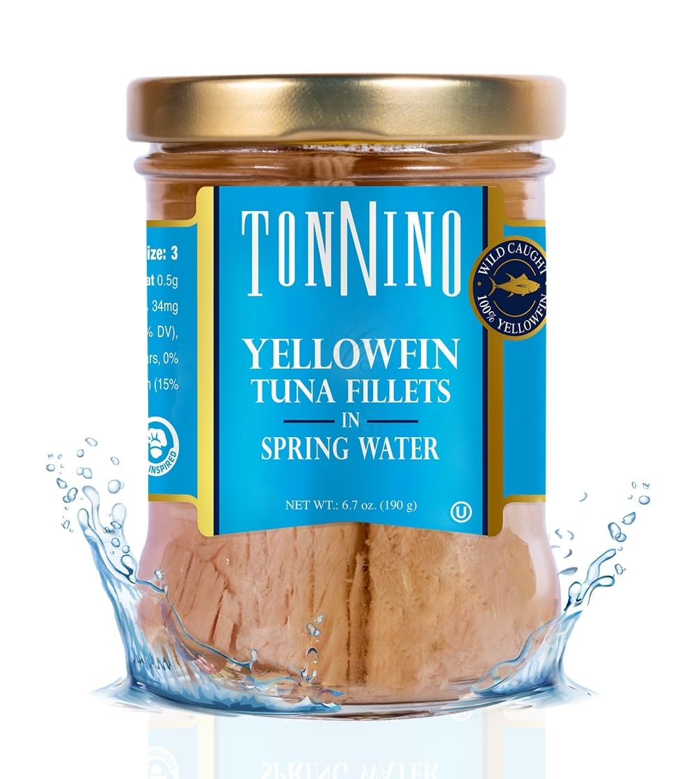 Tonnino Yellowfin Tuna in spring-water glass jar showing premium flavor and convenience.