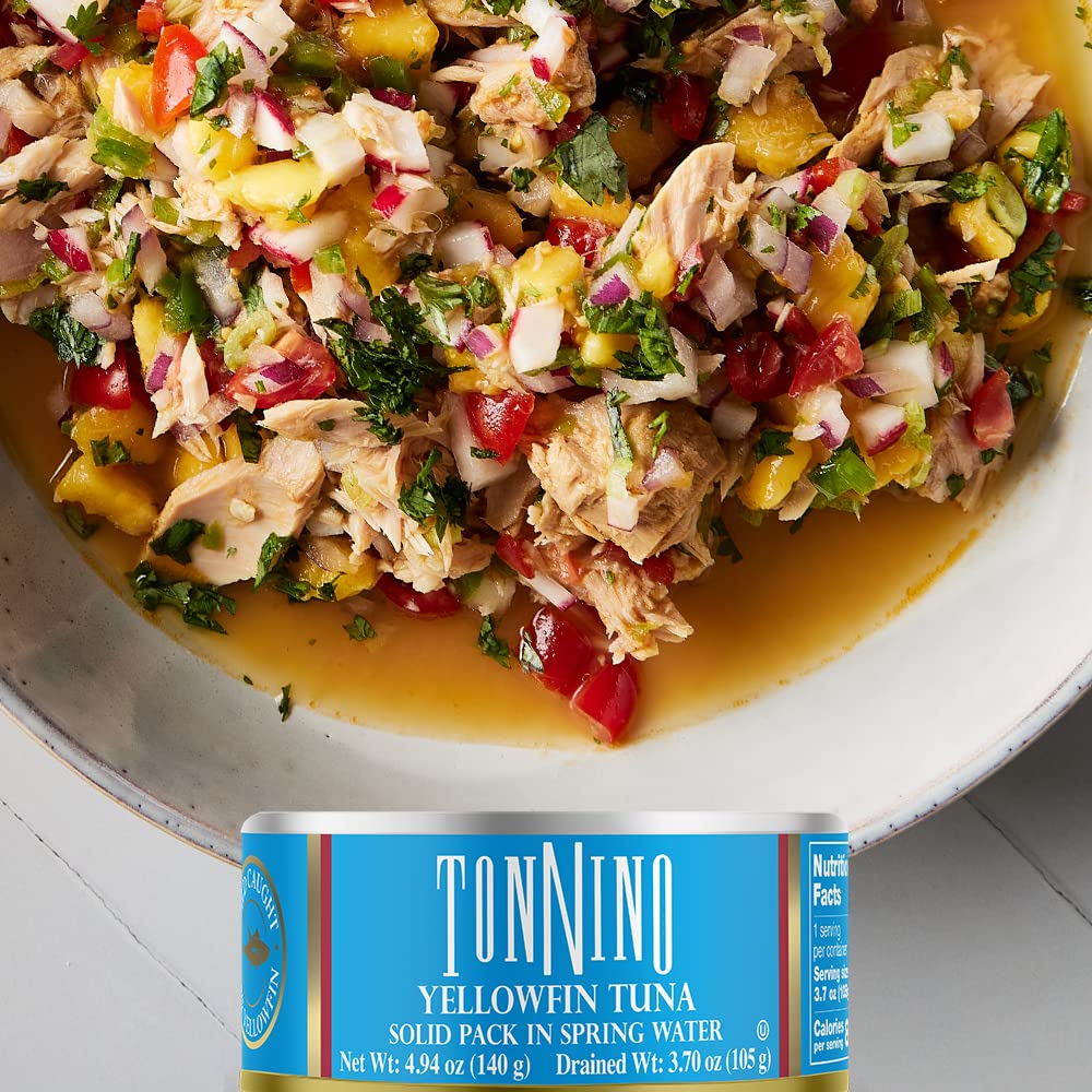 Tonnino Yellowfin Tuna in Spring Water kitchen setup shows versatile meal options.