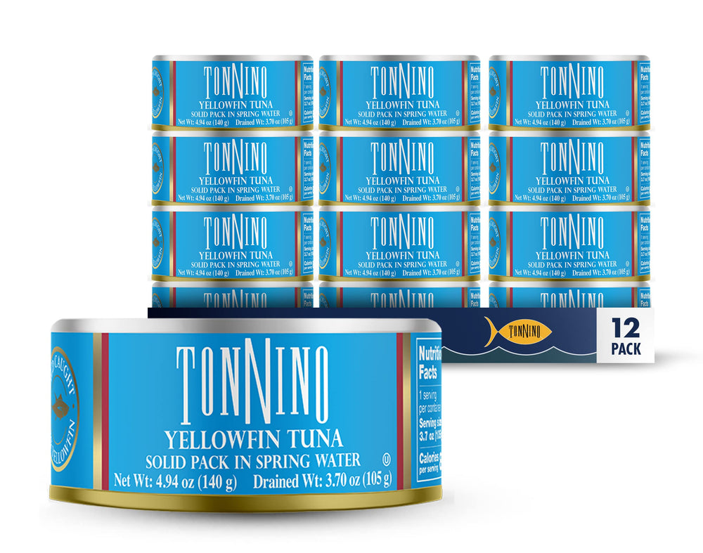 Tonnino Yellowfin Tuna in Spring Water pack of 12 cans on display, ideal for stocking up.