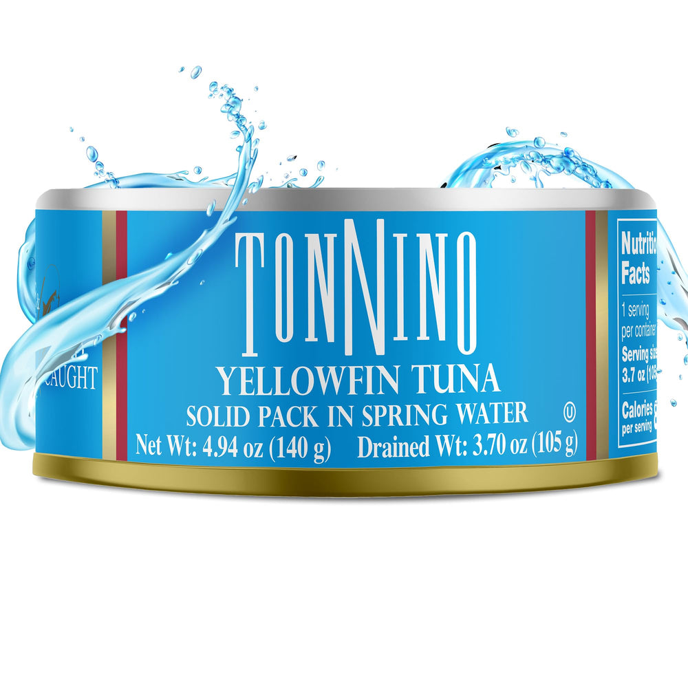 Tonnino Yellowfin Tuna in Spring Water flaked tuna close-up demonstrates light texture.