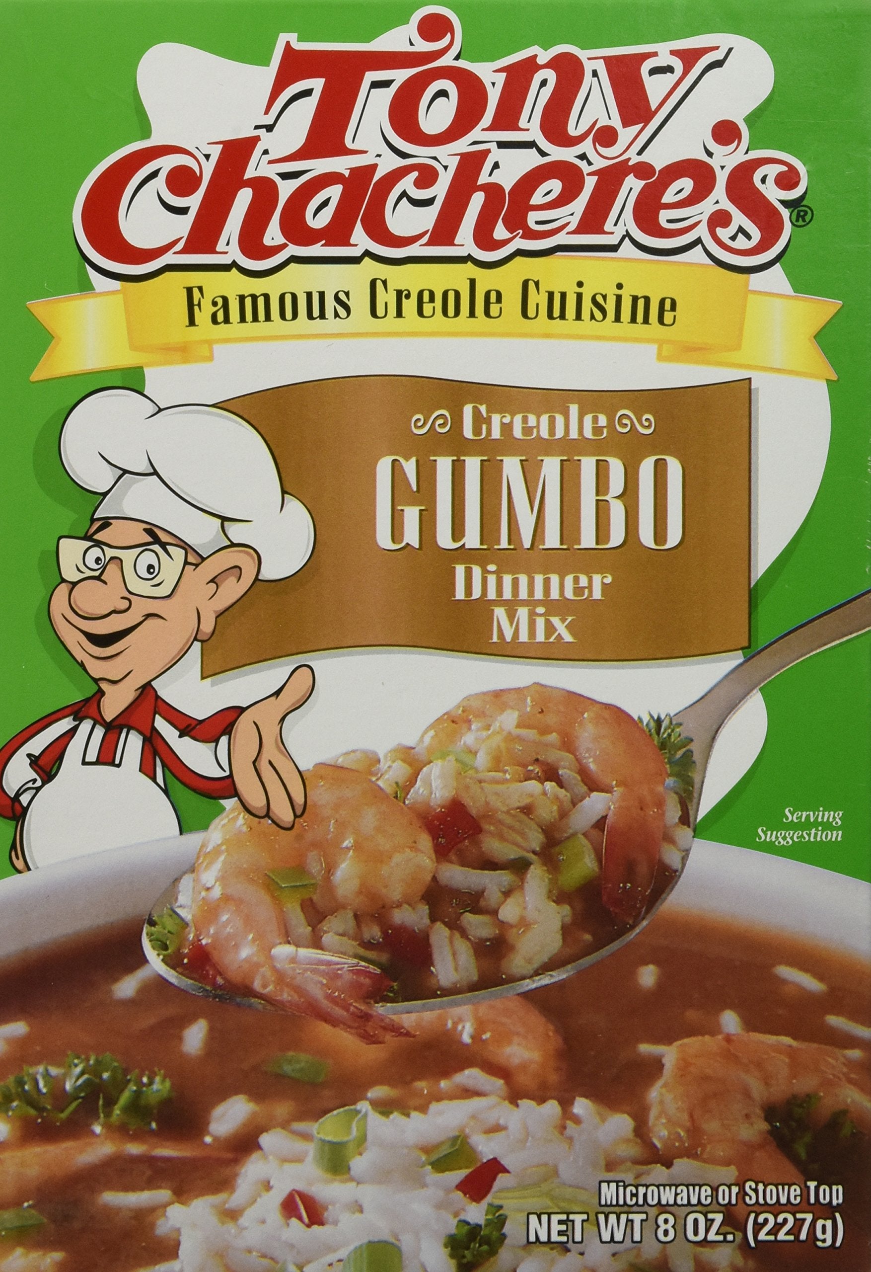 Tony Chachere's Creole Gumbo Dinner Mix packaging on kitchen counter for quick meal prep