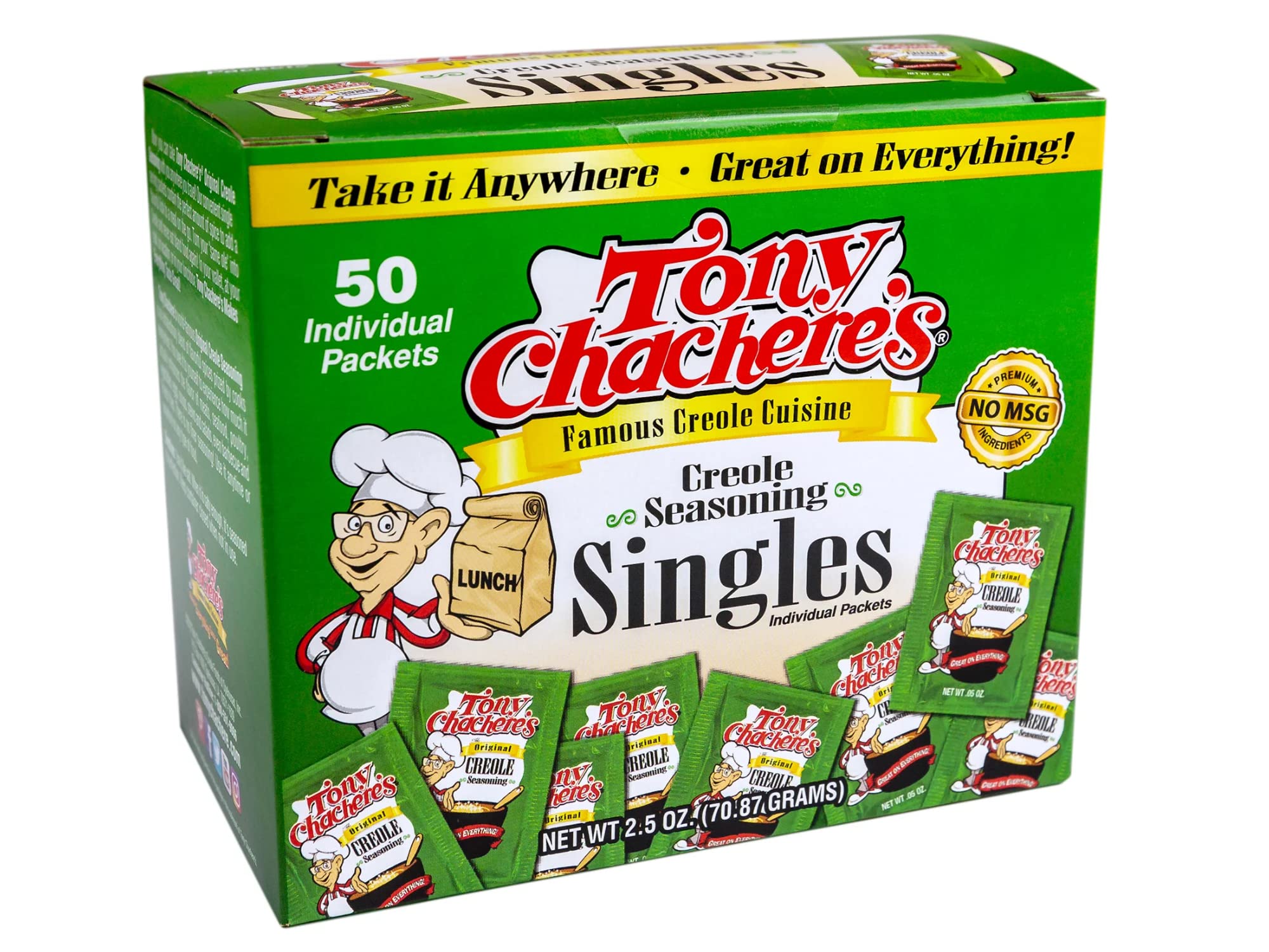 Tony Chachere's Creole Seasoning packets in box for easy use and portion control