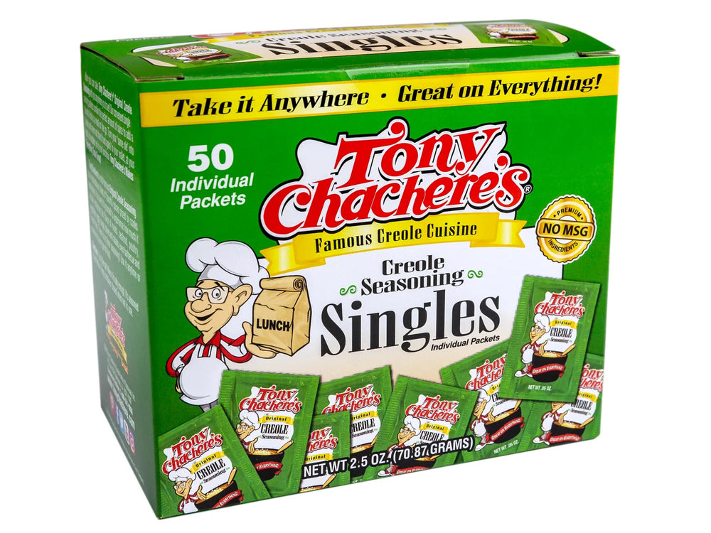 Tony Chachere's Creole Seasoning packets in box for easy use and portion control