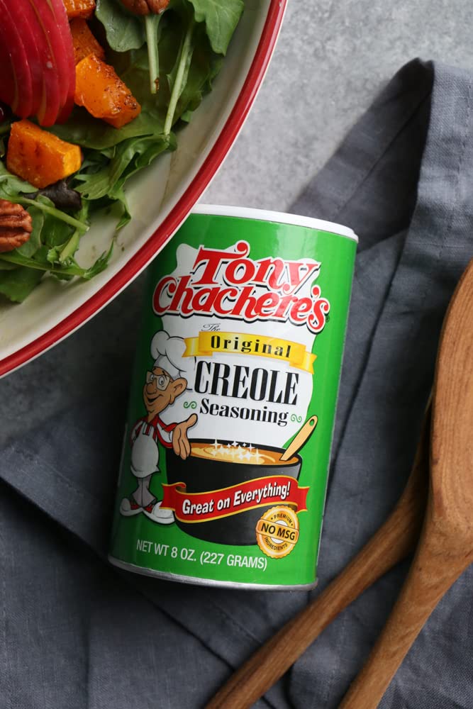 Close-up label of Tony Chachere's Creole Seasoning Original—bold spices for everyday cooking.