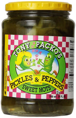 Tony Packo's Sweet Hot Pickles and Peppers jar on the table, ideal for gatherings.