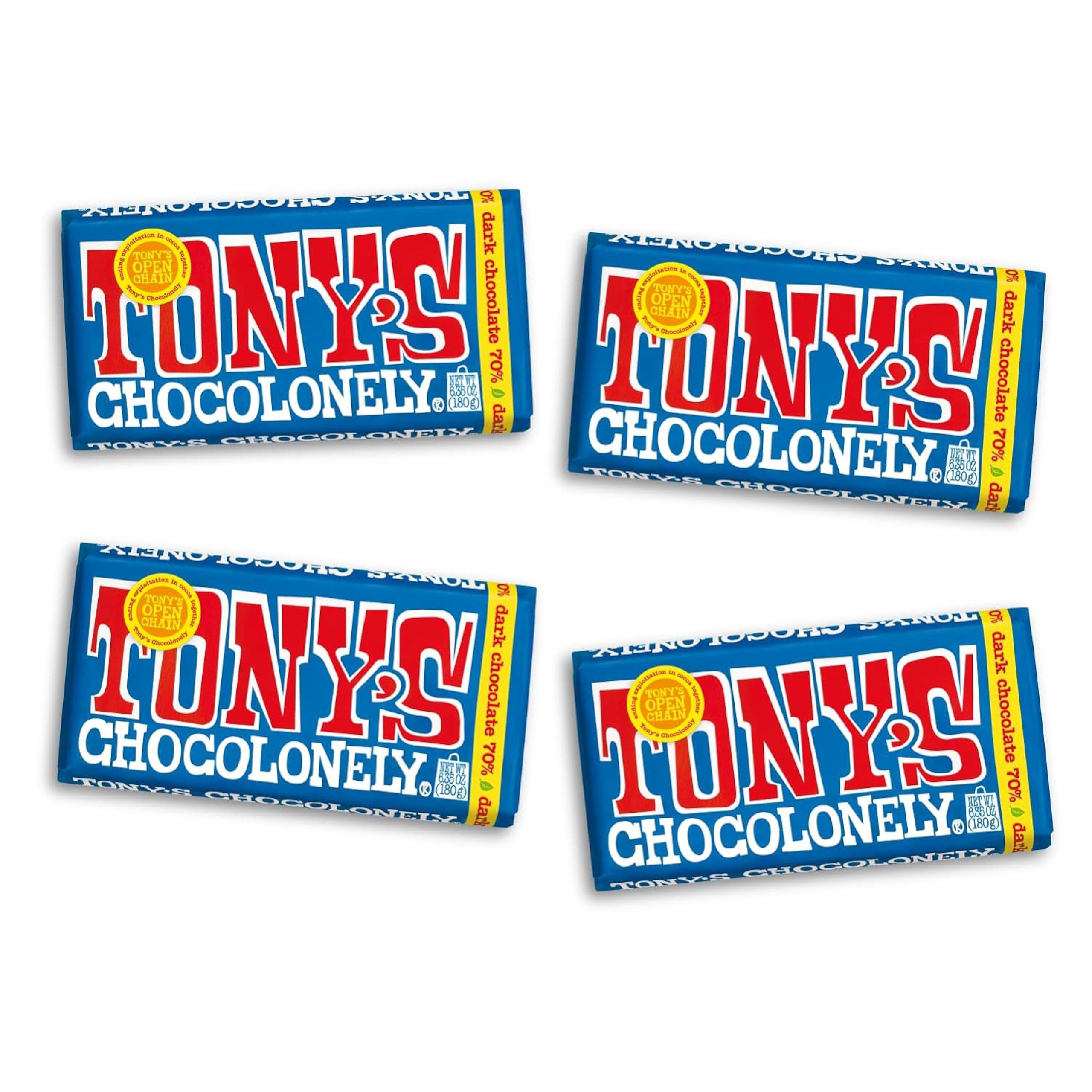 Tony's Chocolonely Belgian dark chocolate bar with 70% cacao, rich aroma and smooth finish.