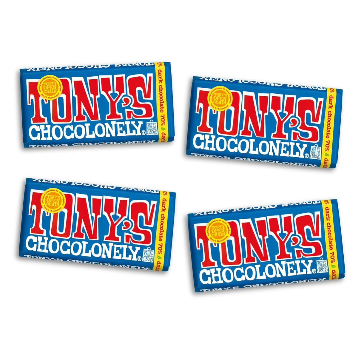 Tony's Chocolonely Belgian dark chocolate bar with 70% cacao, rich aroma and smooth finish.