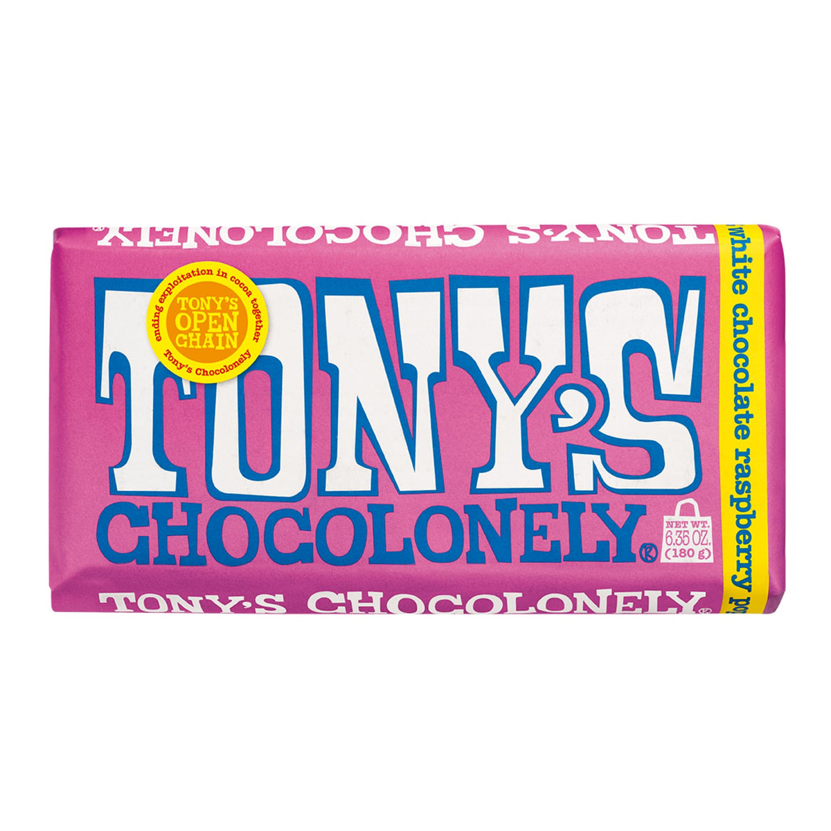Tony’s Chocolonely Belgian White Raspberry Popping Candy bar, creamy texture with fizzy bite for snacking.